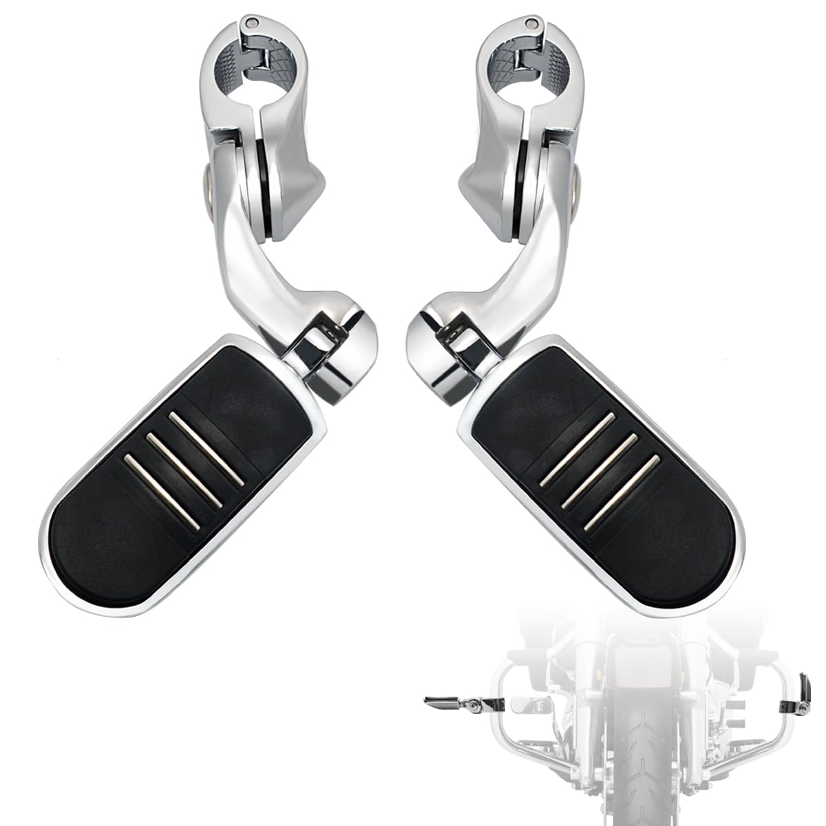 FOVPLUE front view of highway footpegs showing chrome finish and easy upgrade benefit