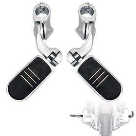 FOVPLUE front view of highway footpegs showing chrome finish and easy upgrade benefit
