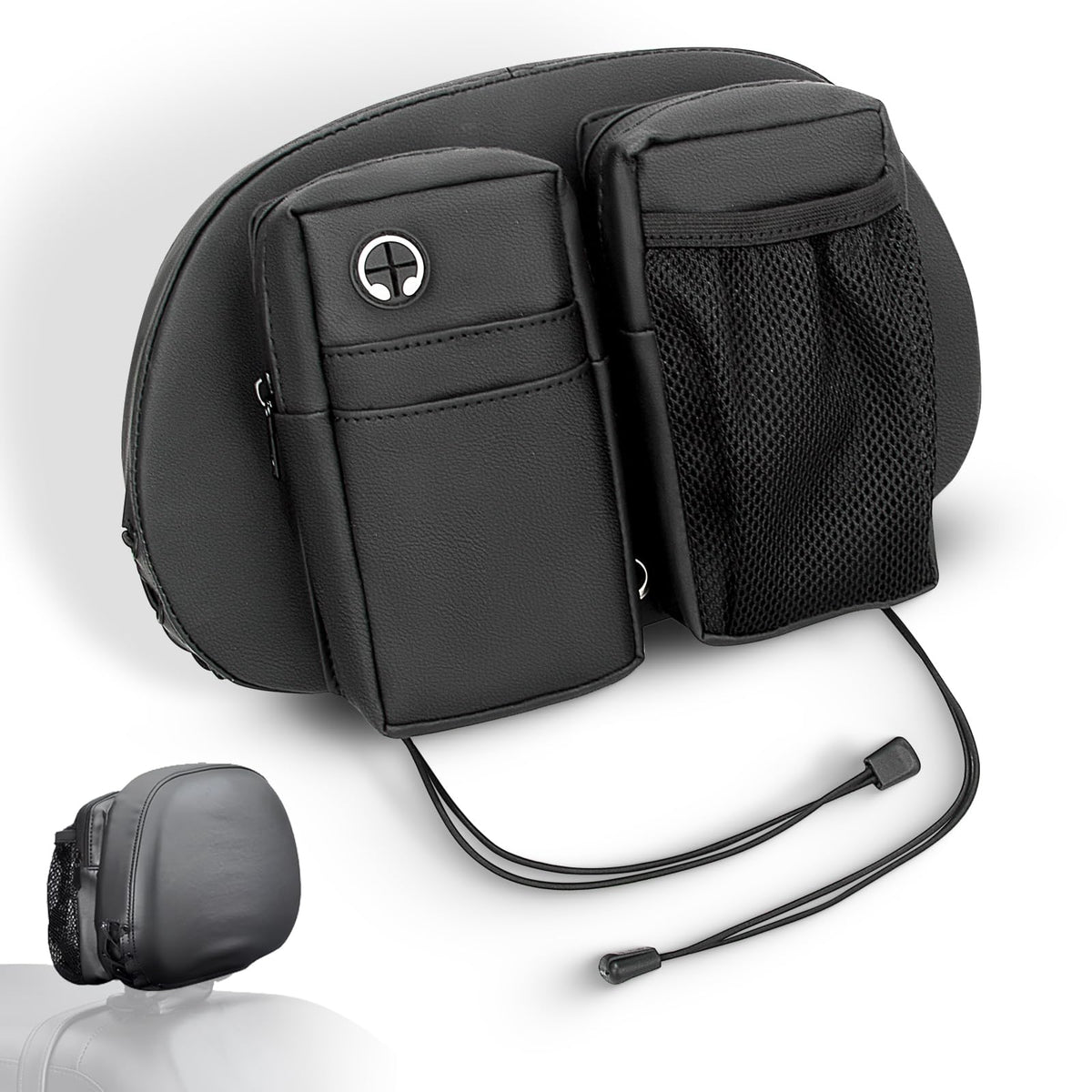 FOVPLUE front view mounted on Harley backrest showing neat storage access