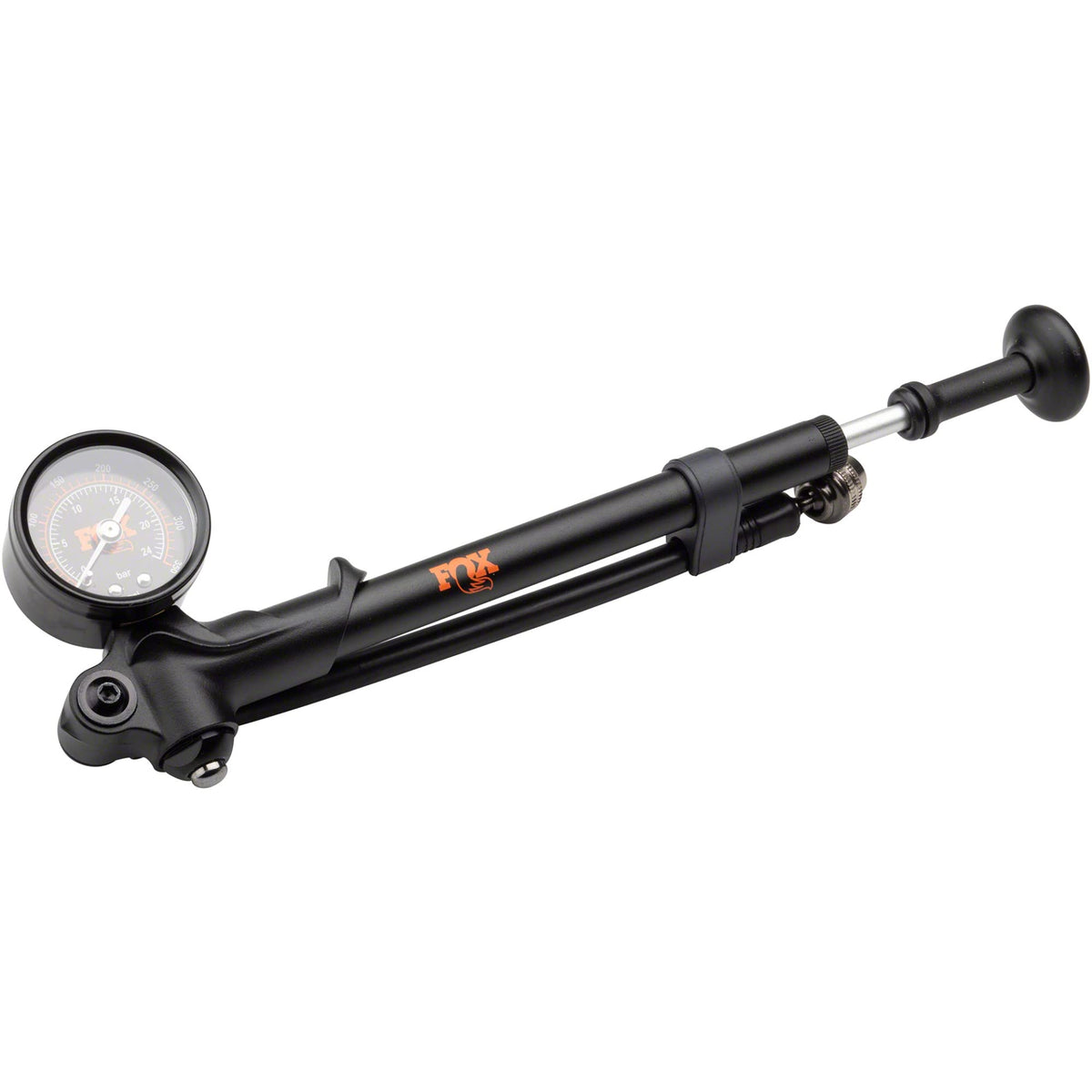 FOX Factory shock pump front view showing gauge and bleed valve for accurate pressure control