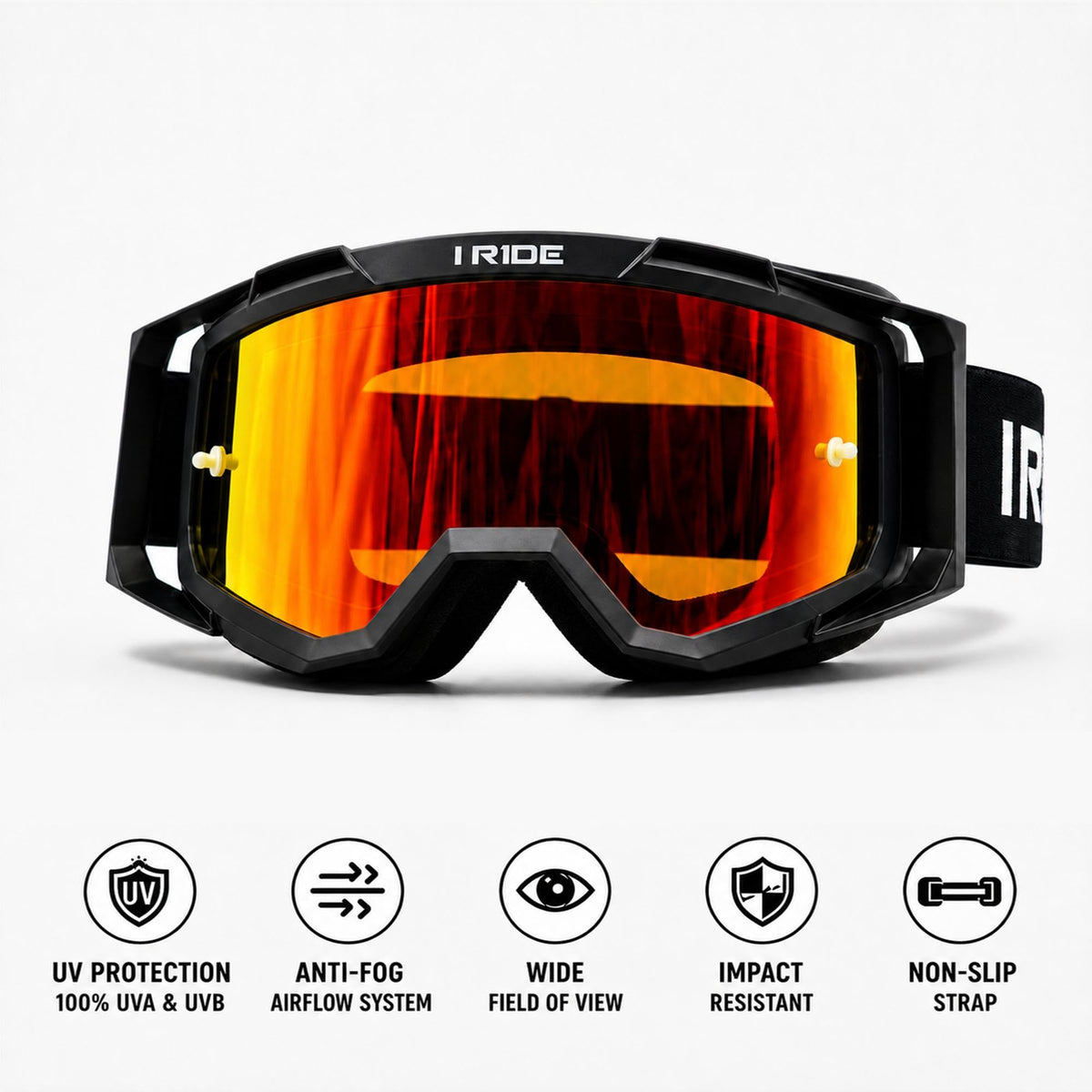 Fox Powersports goggles mounted in helmet demonstrating in-ride stability