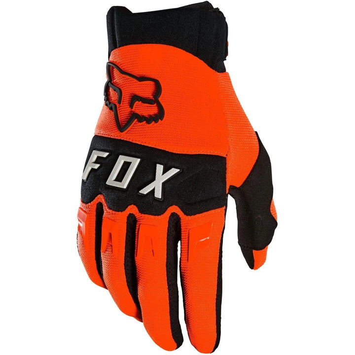 Fox Racing DIRTPAW front view in fluorescent orange showing cuff and branding for secure fit