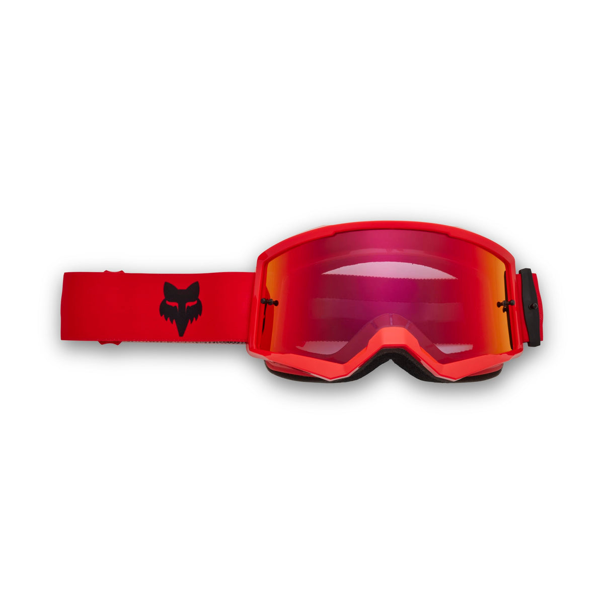 Fox Racing front view showing fluorescent red spark frame and wide viewport benefit