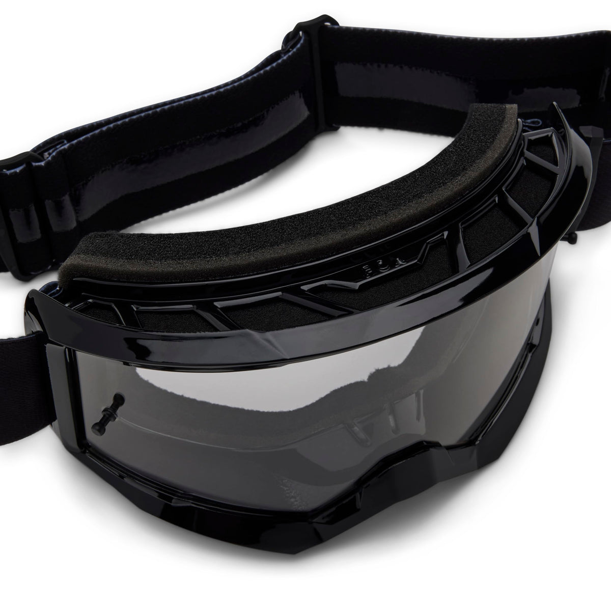 Fox Racing close-up of lexan lens highlighting UV protection and clarity benefit