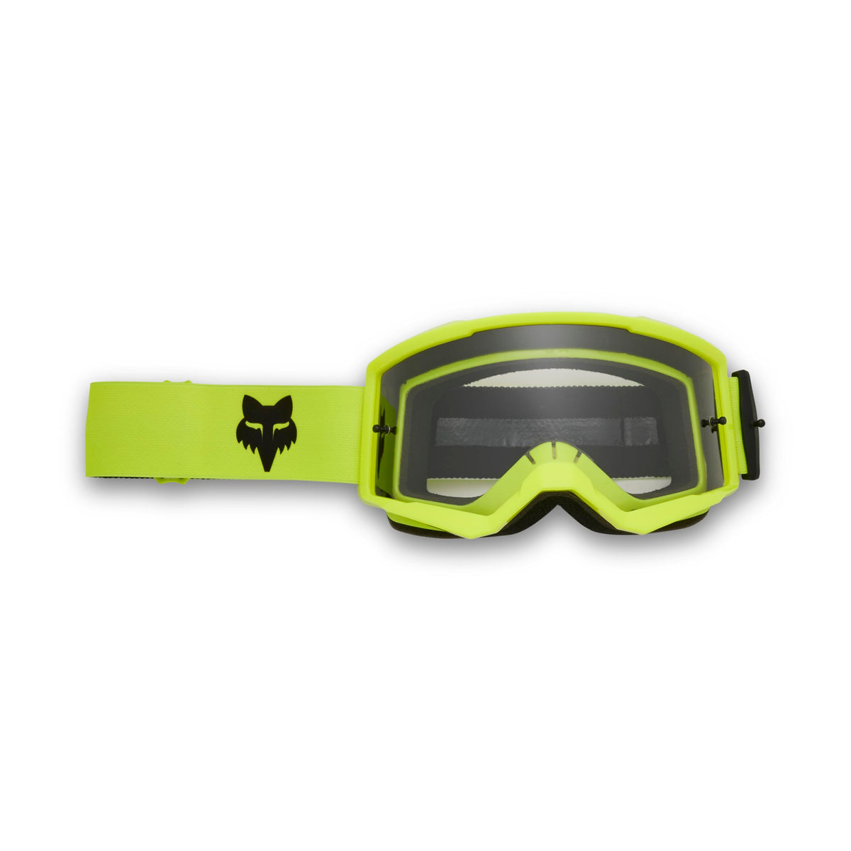 Fox Racing front view of fluorescent yellow goggles showing wide viewport and clear optics