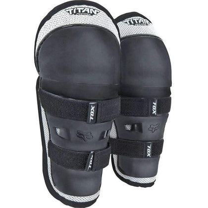 Fox Racing knee shin pads front view showing protective shell and sleek black silver finish