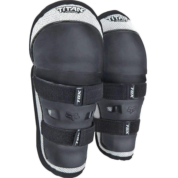 Fox Racing knee shin pads front view showing protective shell and sleek black silver finish