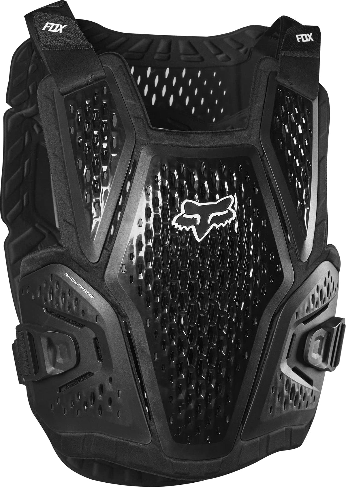 Fox Racing chest guard front view showing sleek fit and ventilated panels for cooler rides