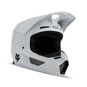 Fox Racing front view of matte white helmet showing shell and chin bar benefit: clear protection
