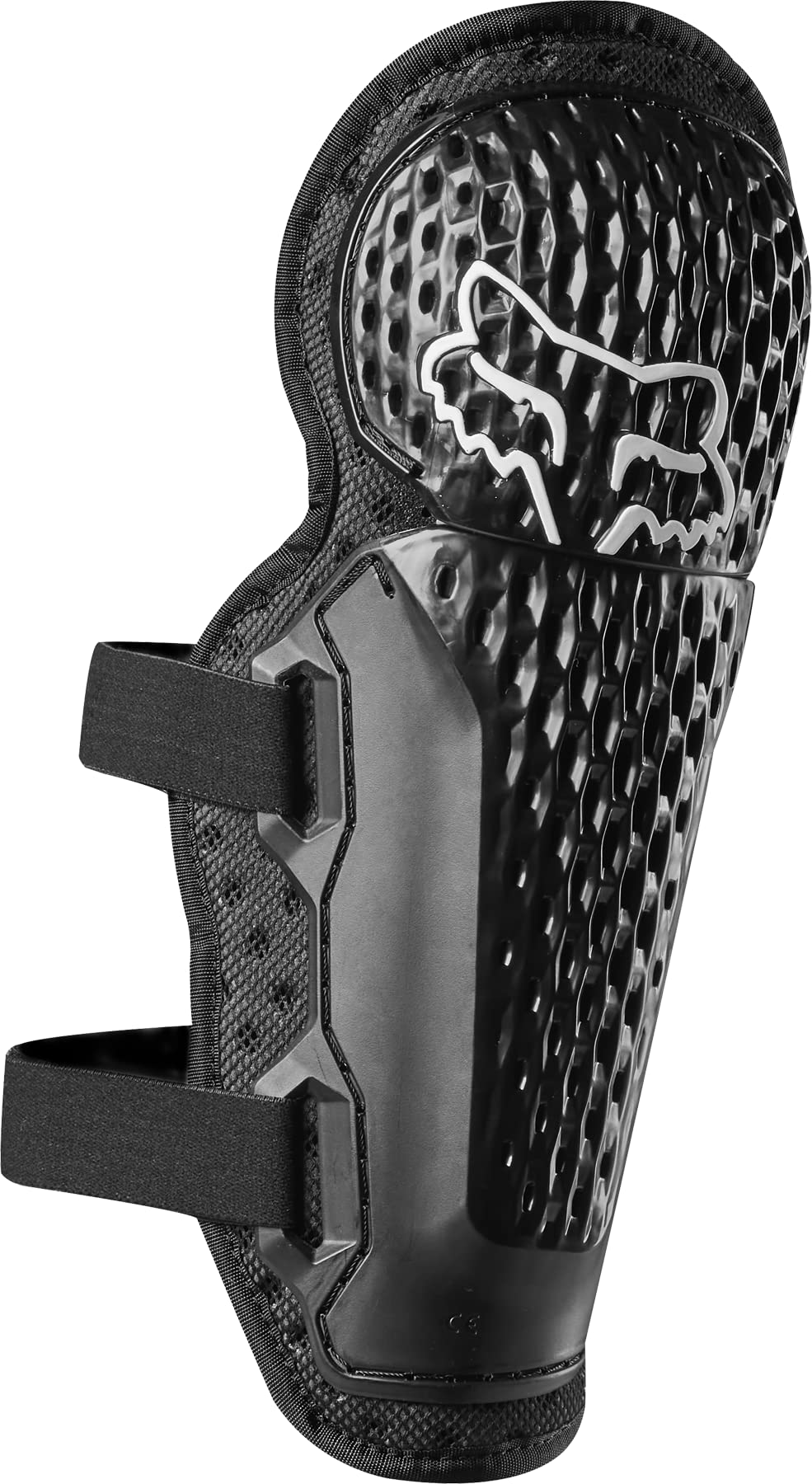 Fox Racing knee/shin guards front view showing full plastic coverage and secure straps for safer riding