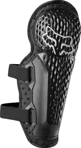 Fox Racing knee/shin guards front view showing full plastic coverage and secure straps for safer riding