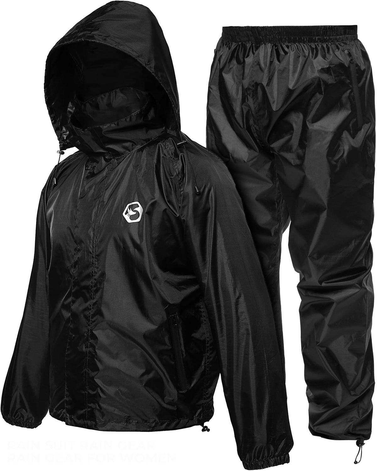 Foxelli front view jacket and pants showing full waterproof coverage and fit
