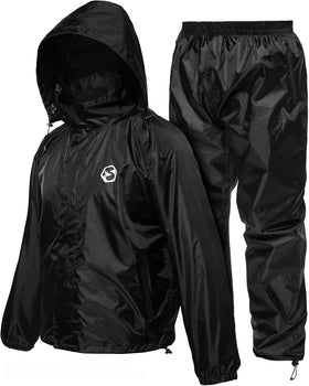 Foxelli front view rain suit showing full coverage and mobility benefit