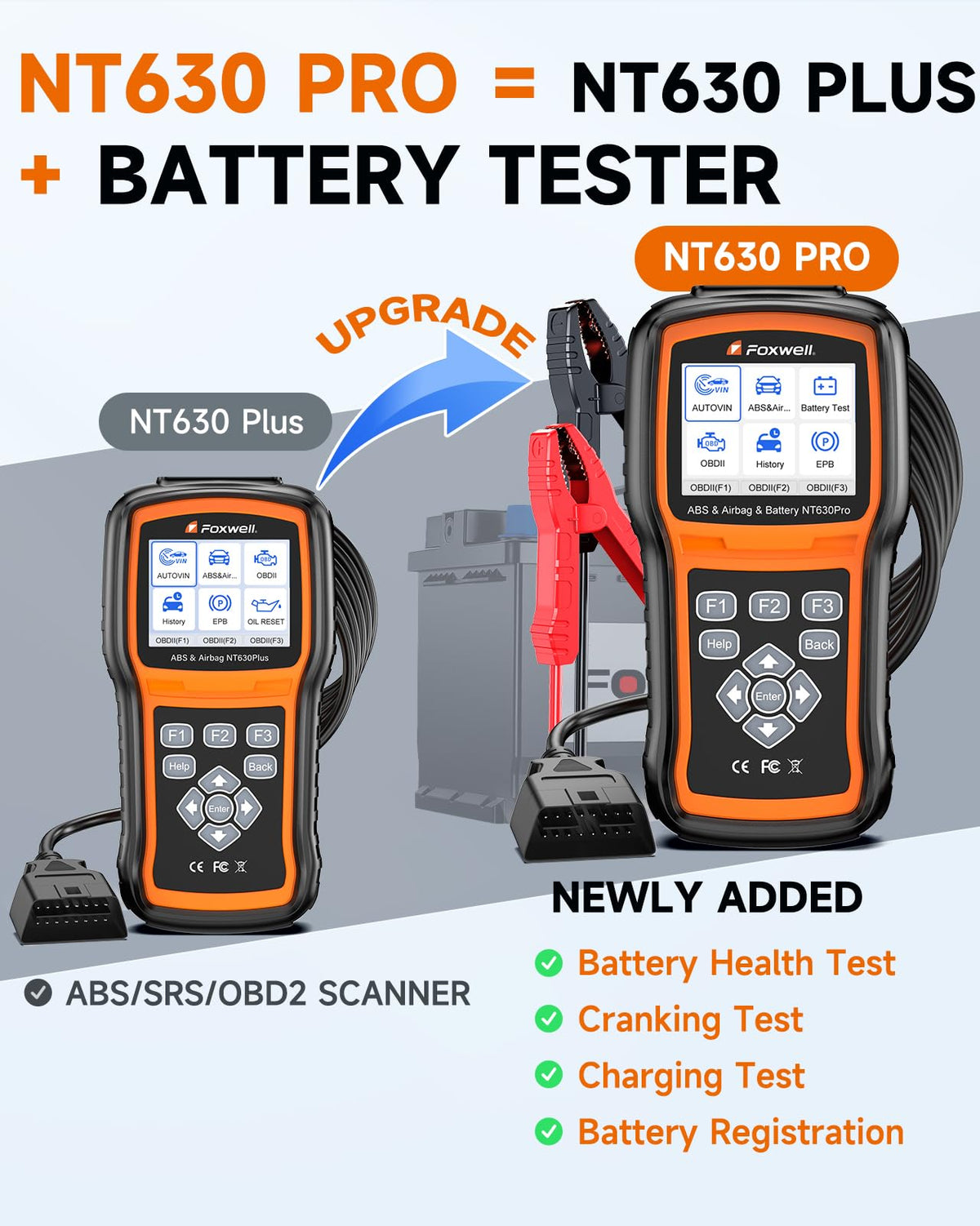 FOXWELL battery tester closeup displaying clamps and clear battery results for fast checks