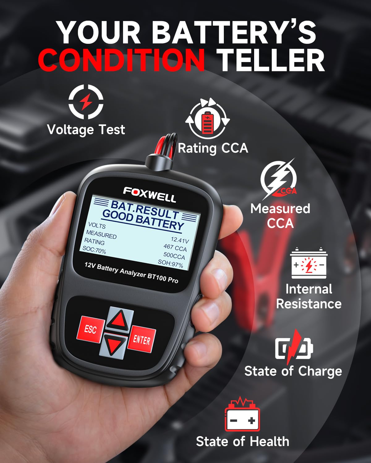 FOXWELL BT100 PRO close-up LCD showing clear CCA and SOH readouts
