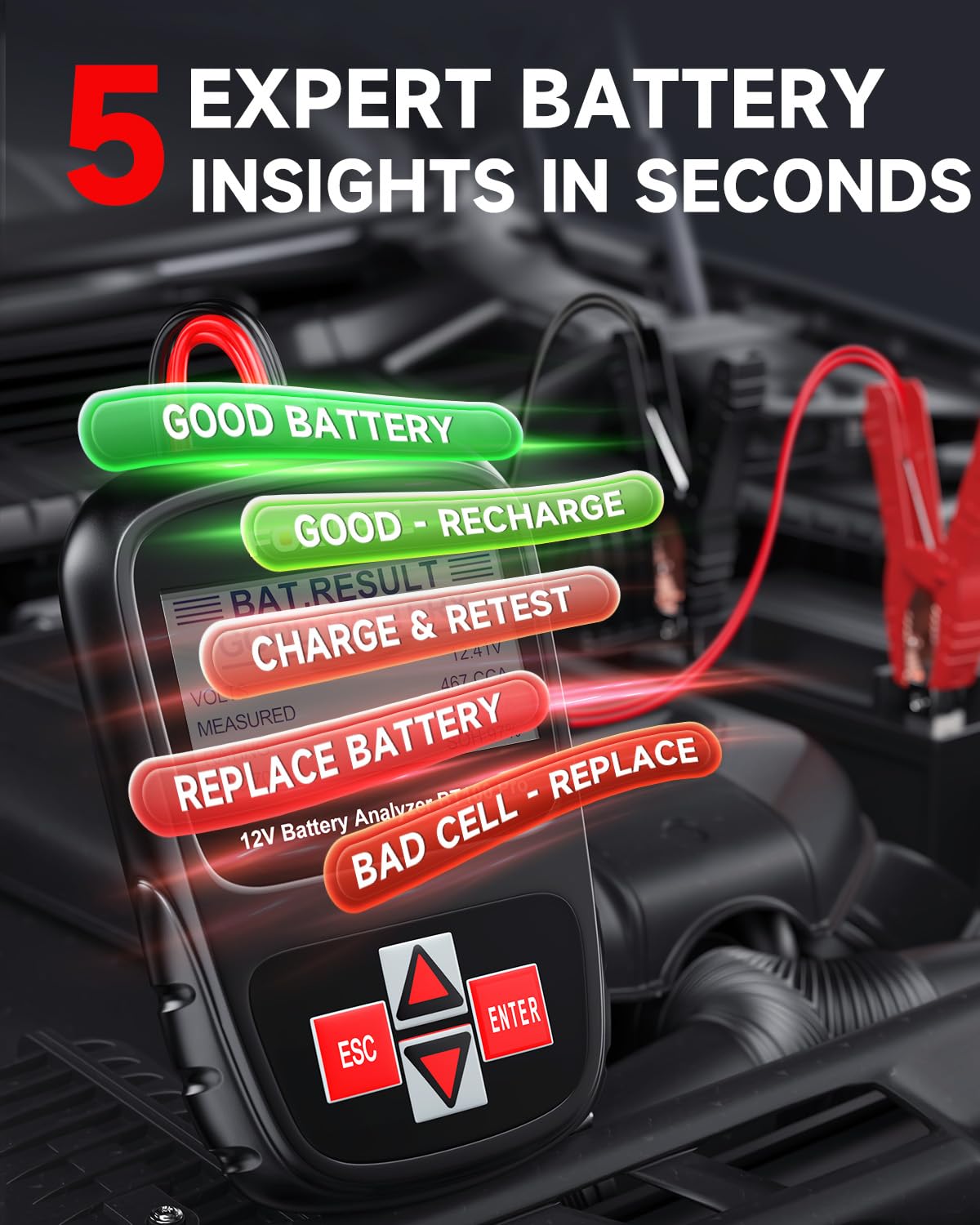 FOXWELL BT100 PRO connected to a car battery giving quick diagnostics