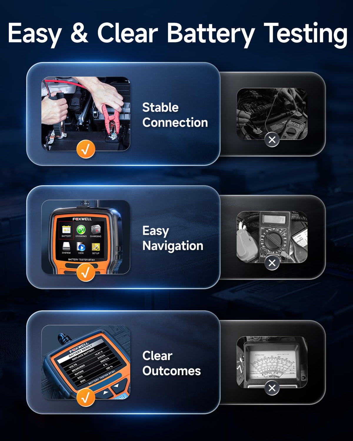 FOXWELL BT301 connected to car battery to verify cranking performance