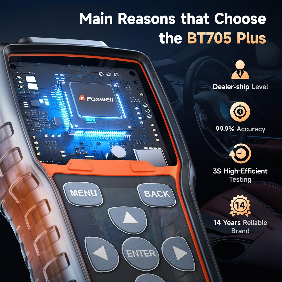 FOXWELL BT705Plus next to battery labels showing compatibility with common types
