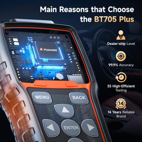 FOXWELL BT705Plus next to battery labels showing compatibility with common types