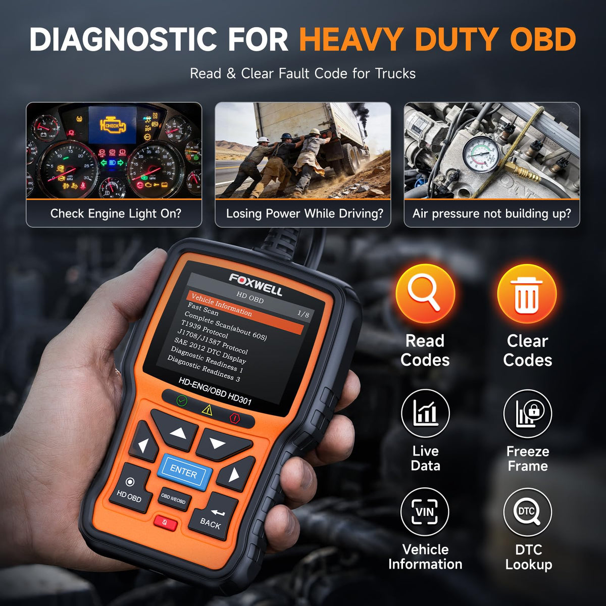 FOXWELL HD301 with 6‑pin 9‑pin and 16‑pin adapters enabling broad truck compatibility