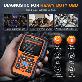 FOXWELL HD301 with 6‑pin 9‑pin and 16‑pin adapters enabling broad truck compatibility