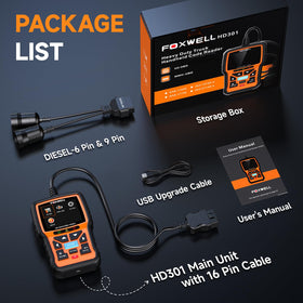 FOXWELL HD301 boxed with cables and adapters for complete out‑of‑box use