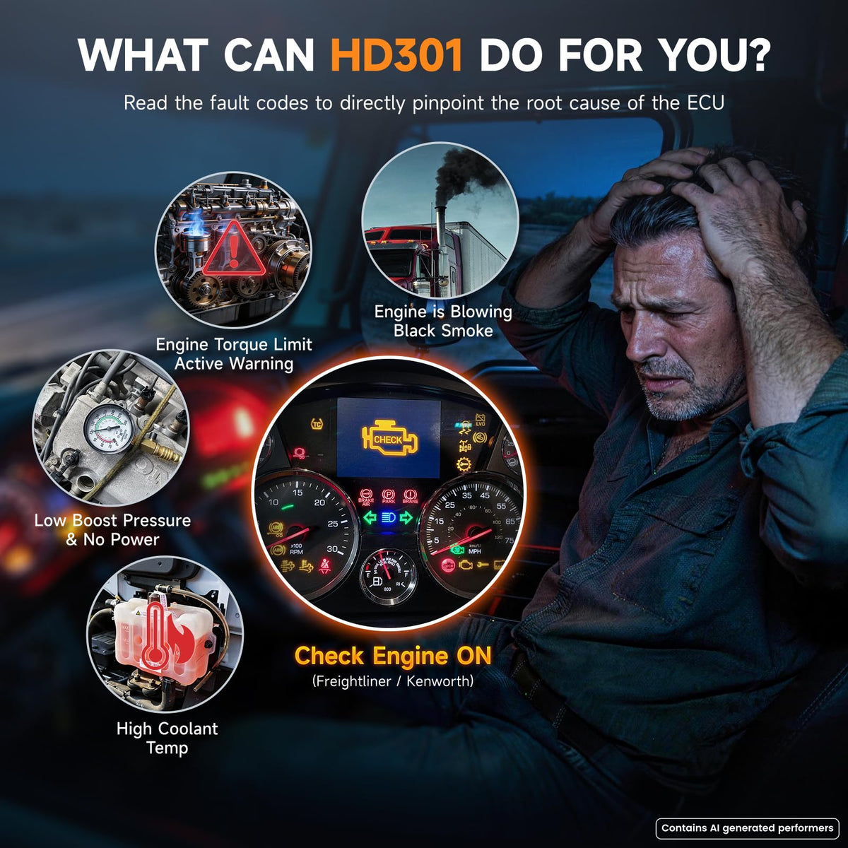 FOXWELL HD301 plugged into a truck diagnostic port providing instant system scans