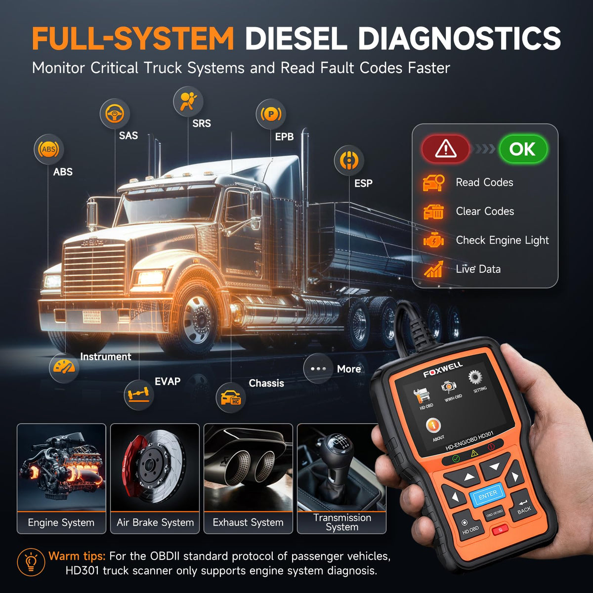 FOXWELL HD301 display showing live sensor data for faster fault troubleshooting