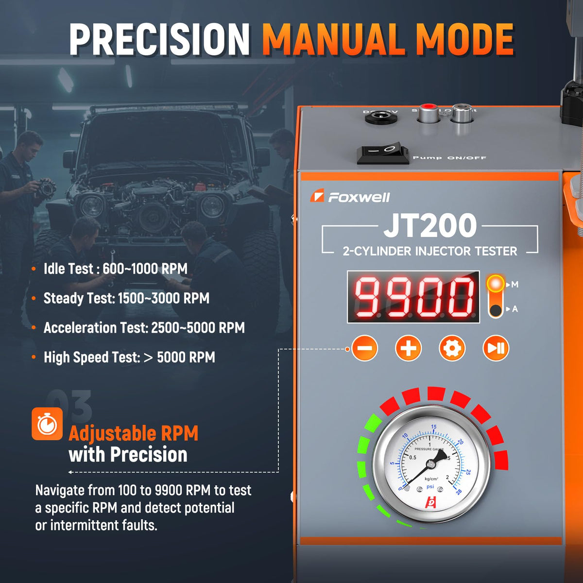 FOXWELL control panel showing automatic RPM simulation for realistic testing