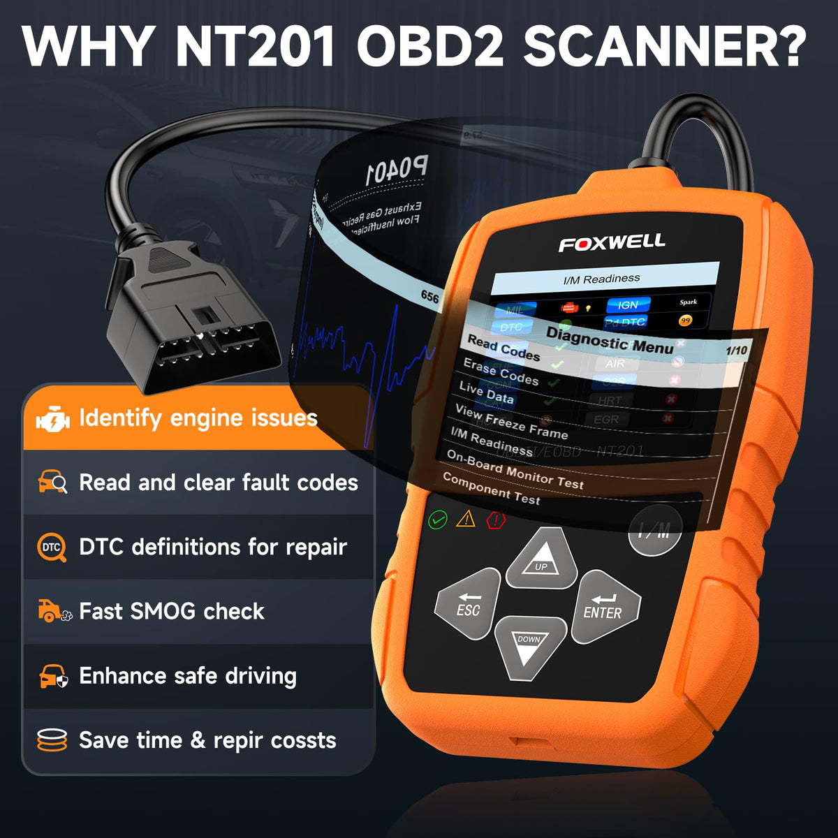 FOXWELL NT201 2.4-inch color display showing clear code readout for quick understanding