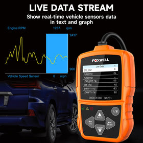 FOXWELL NT201 live data screen showing RPM and sensor values for real-time monitoring
