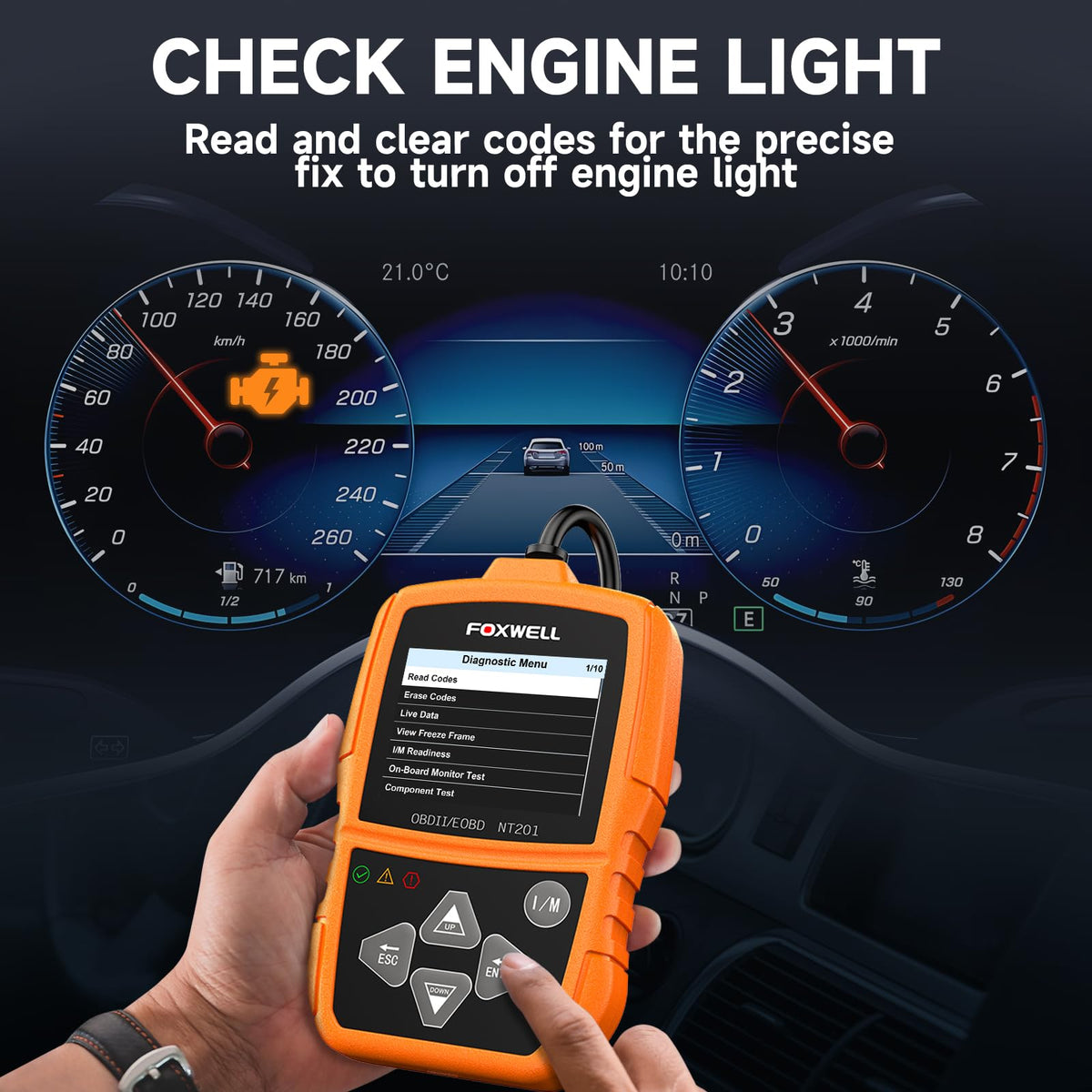FOXWELL NT201 OBD2 connector close-up for effortless plug-and-play vehicle hookup