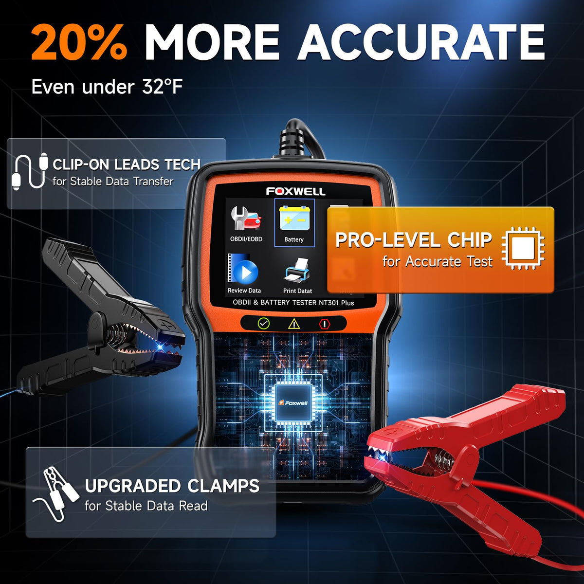 FOXWELL NT301 Plus held in hand to show size and portability advantage