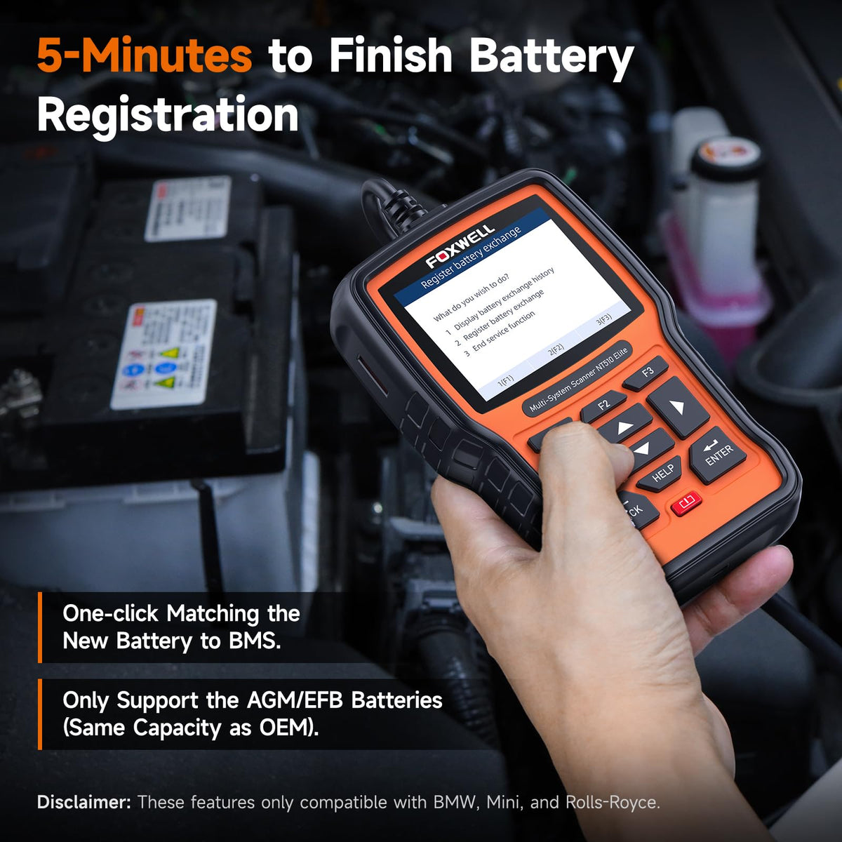 FOXWELL NT510 Elite battery registration screen demonstrating one-click BMS programming