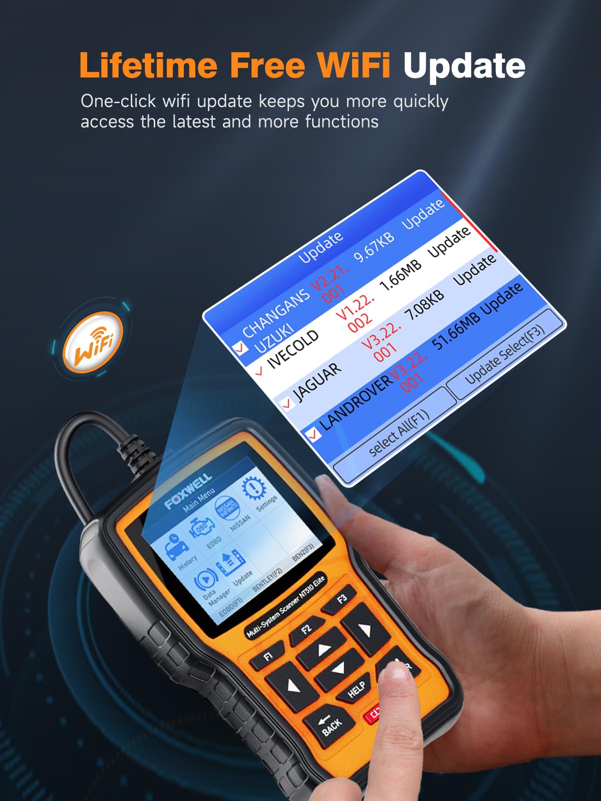 FOXWELL NT510 Elite connected to car OBD port with Auto VIN identification benefit