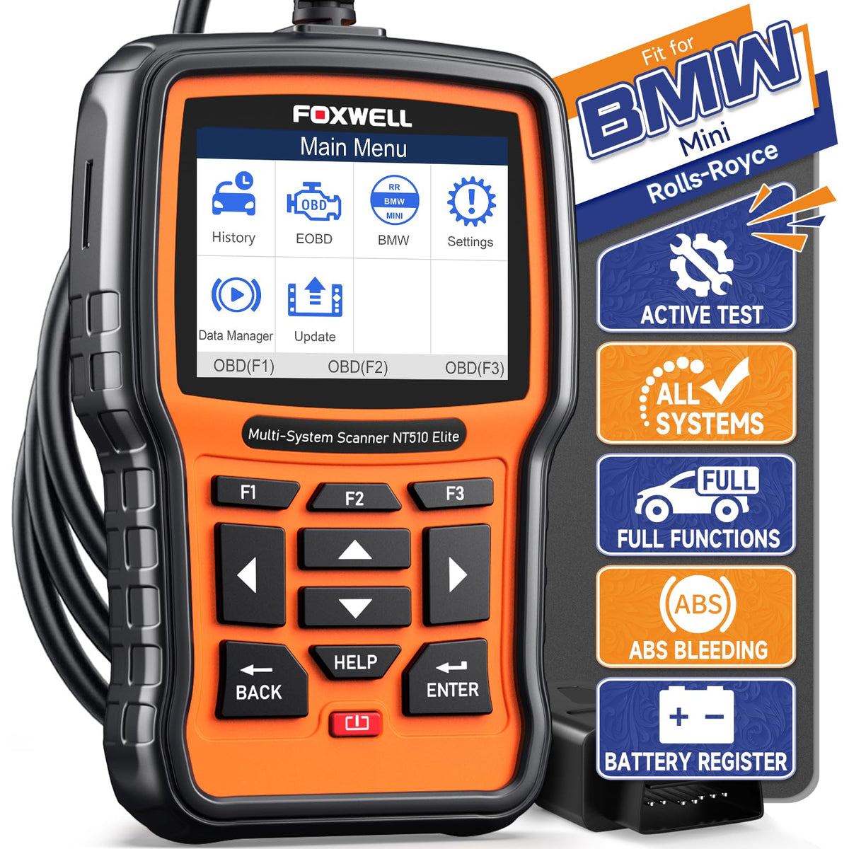 FOXWELL NT510 Elite front view showing rugged housing and clear display aiding diagnostics