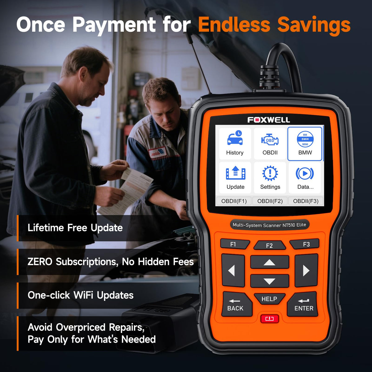 FOXWELL NT510 Elite next to car key to show compact size for home mechanics