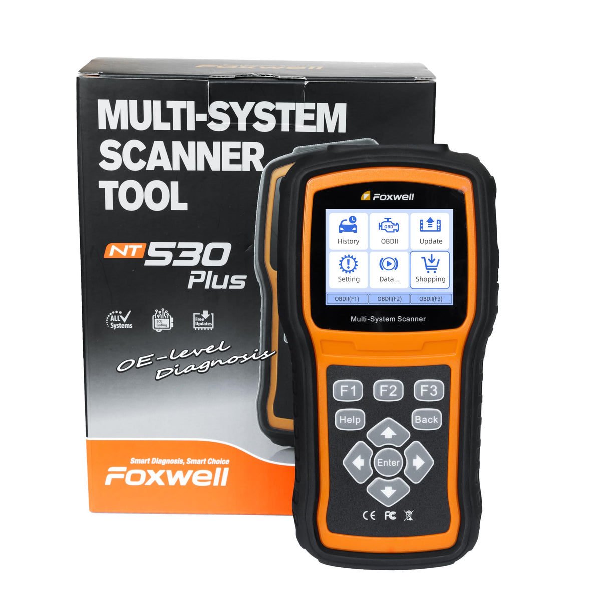 FOXWELL NT530 OBD2 connector cable plugged in, enabling full-system vehicle access