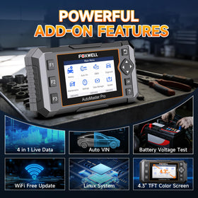 FOXWELL NT614 Elite on workbench with cables emphasizing portable diagnostics and shop-level functions