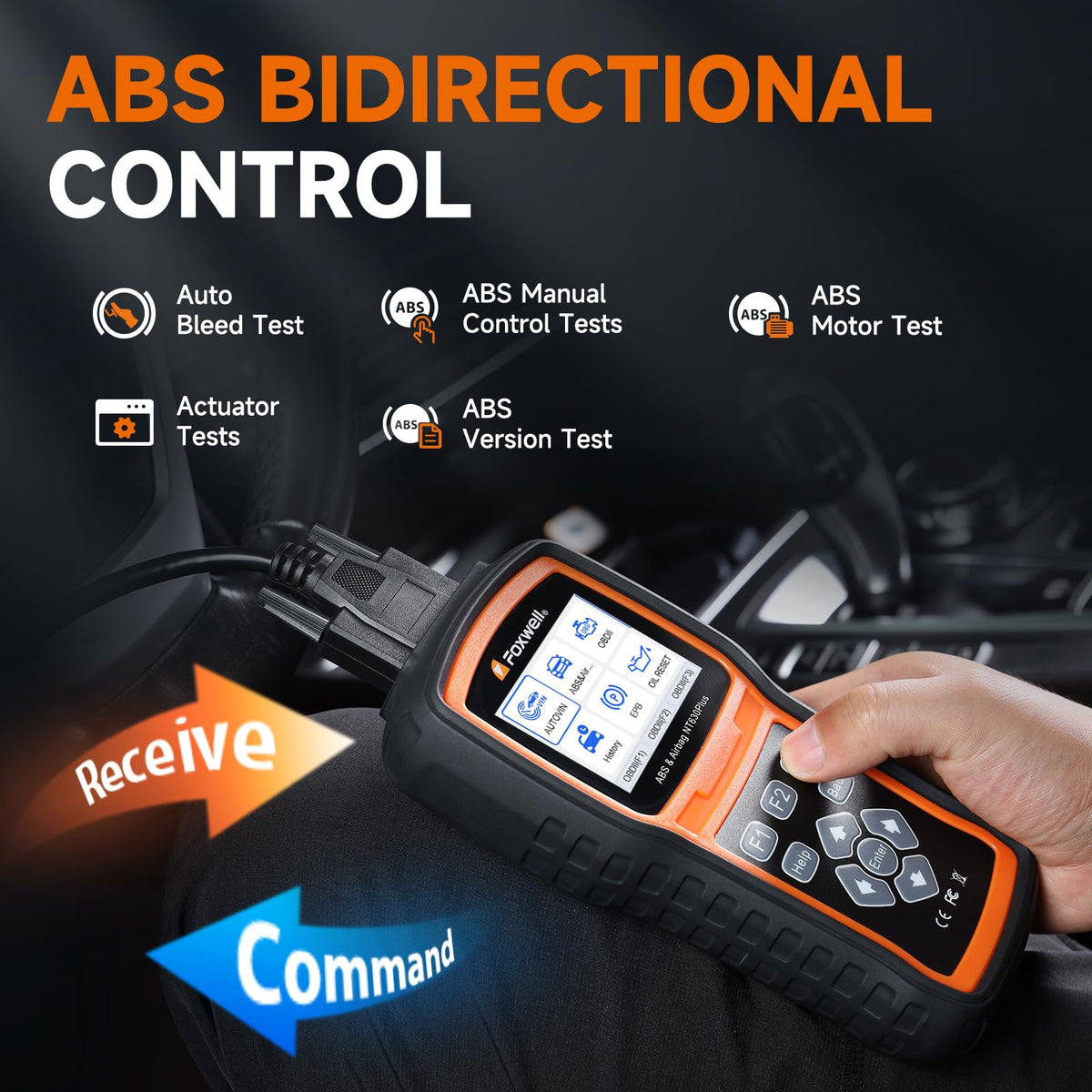 FOXWELL NT630 connected to car OBD port during diagnosis, speeds on-vehicle checks