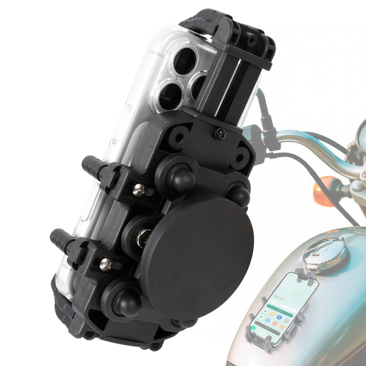 FPN front-mounted on gas tank showing secure hold and paint protection