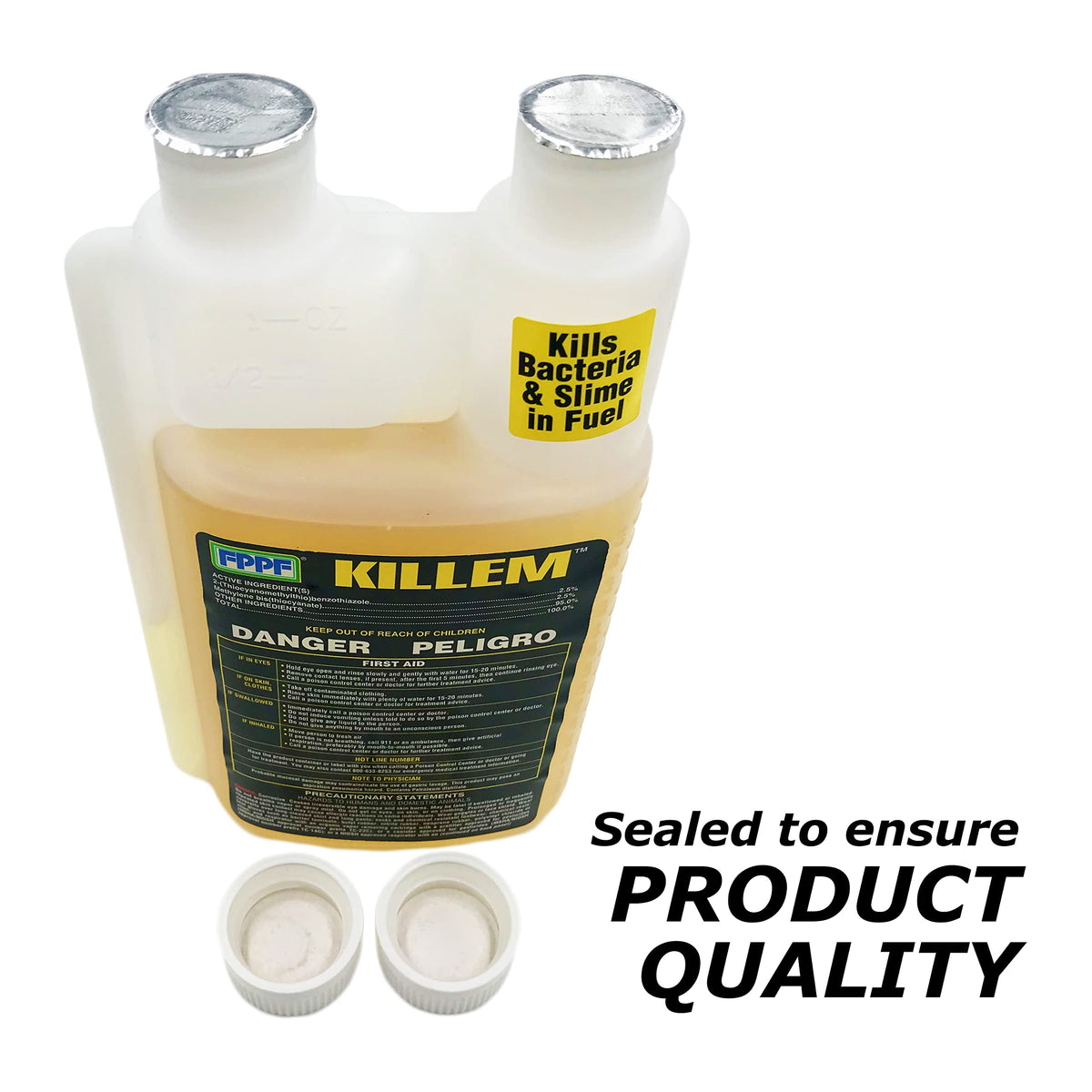 FPPF KILLEM bottle held in hand showing compact 16 oz size for easy dosing