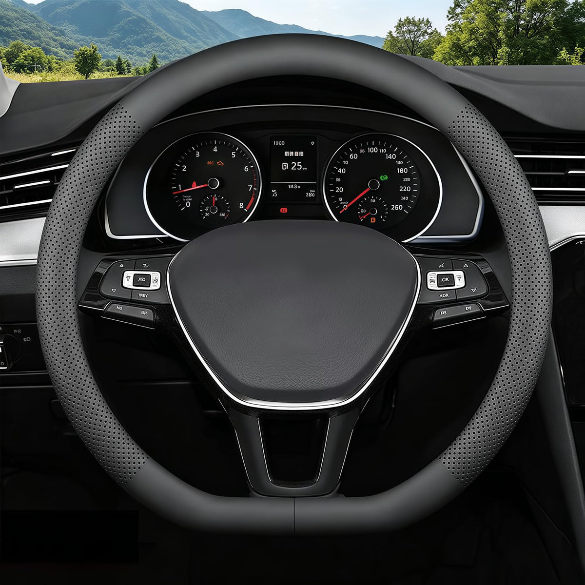 FQMY front view of steering wheel cover showing clean black finish and D-shape benefit grip