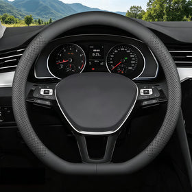 FQMY front view of steering wheel cover showing clean black finish and D-shape benefit grip
