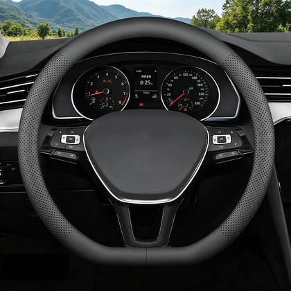 FQMY front view of steering wheel cover showing clean black finish and D-shape benefit grip