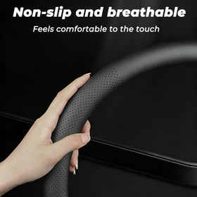 FQMY steering wheel cover beside ruler showing 14.5-15 inch fit for correct sizing