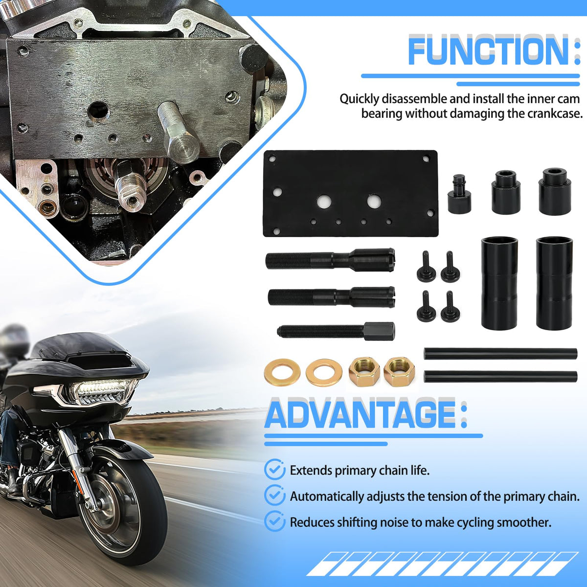 FQRANBO toolset being used on a Harley Twin Cam engine for safe bearing installation