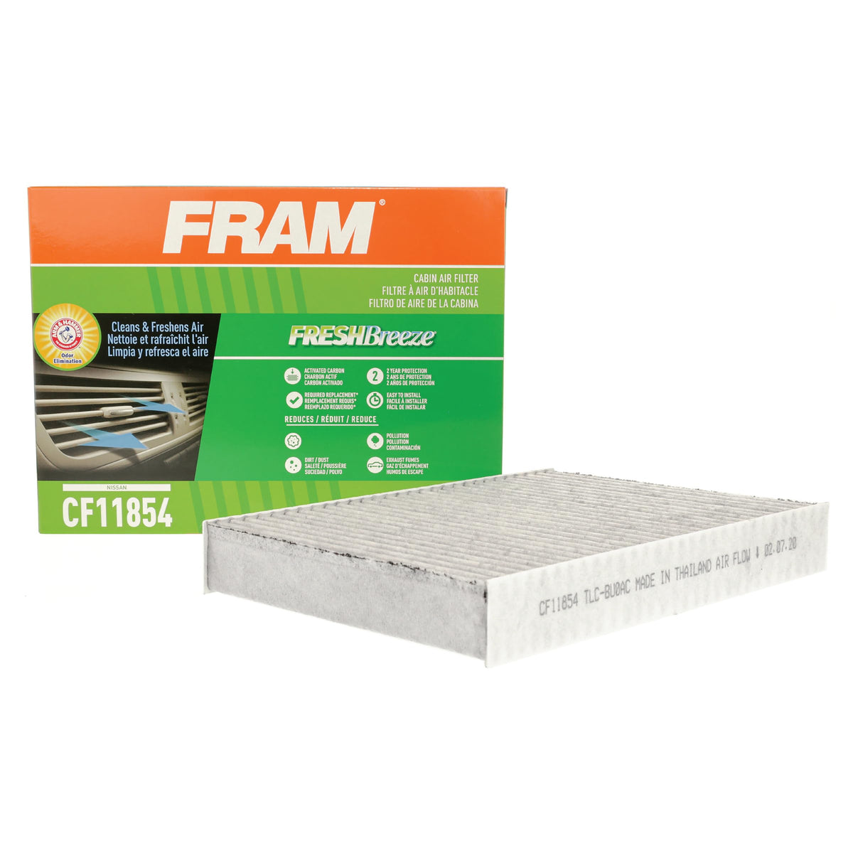 FRAM Fresh Breeze front packaging showing model CF11854 and odor control benefit
