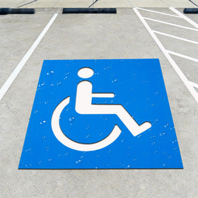 FrameFirm front view of plastic handicap parking stencil showing clear cutouts and benefits