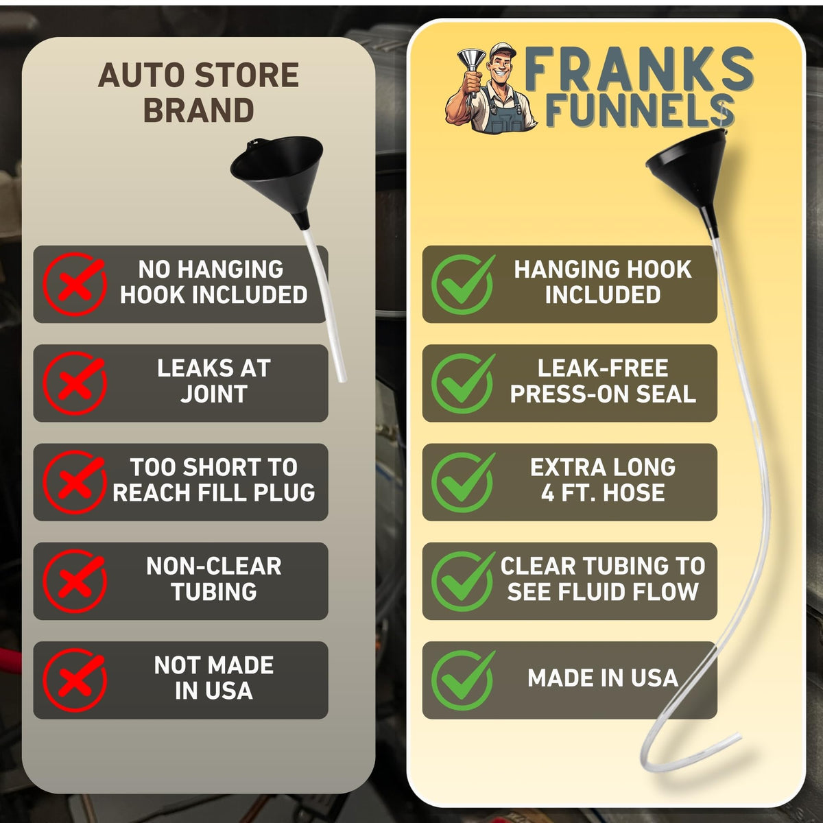 Franks Funnels hose splice and metal s-hook showing secure routing convenience